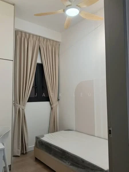 Bedroom features: light wood flooring, white painted walls, ceiling fan with light, floor-to-ceiling curtains in beige, black window frame, single bed frame without mattress, built-in wardrobe with sliding doors, study desk; style: modern.