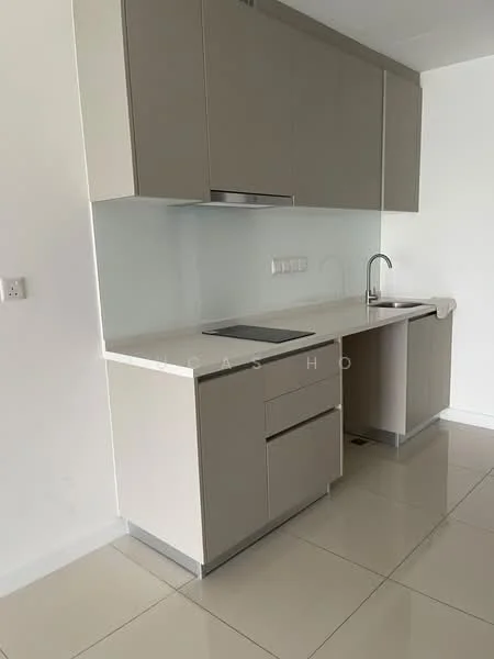 Kitchen features: light grey cabinetry, white countertop, single-bowl stainless-steel sink, chrome pull-down faucet, built-in oven, ceramic tile flooring, white backsplash, recessed downlights; style: modern.