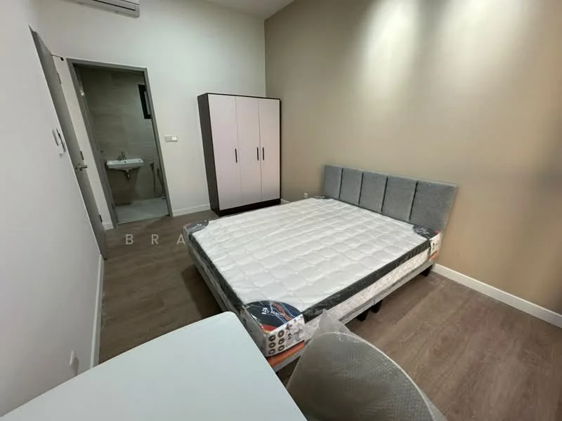 Bedroom features: queen-size bed, upholstered headboard, grey fabric bed frame, wooden flooring, built-in wardrobe with sliding doors, white walls, recessed downlights, window with natural light, study desk, chair; style: modern.