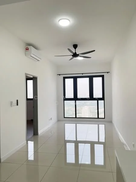 Living features: white painted walls, glossy ceramic tile flooring, 5-blade ceiling fan with light, floor-to-ceiling windows, black window frames, roller blinds, wall-mounted split AC, recessed ceiling lights; style: modern; view: city. Room features: doorway leading to another room.