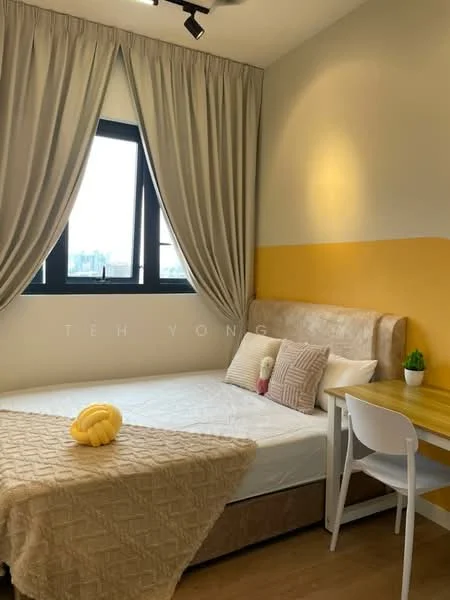 Bedroom features: queen-size bed with upholstered headboard, light beige bedspread, decorative pillows, wooden flooring, floor-to-ceiling window, sheer curtains, yellow accent wall, white painted walls, study desk with chair, small potted plant on desk, ceiling fan; style: modern; view: city.