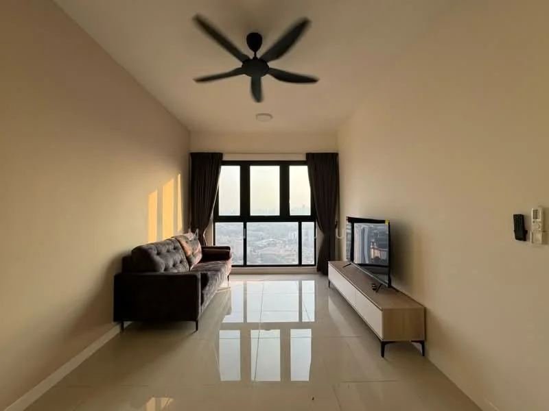 Living features: 3-seater fabric sofa in dark grey, wall-mounted TV, TV console in light wood, floor-to-ceiling windows, sheer curtains, 5-blade ceiling fan with light, glossy tile flooring, neutral painted walls, decorative wall paneling, city view from windows; style: modern; view: city.