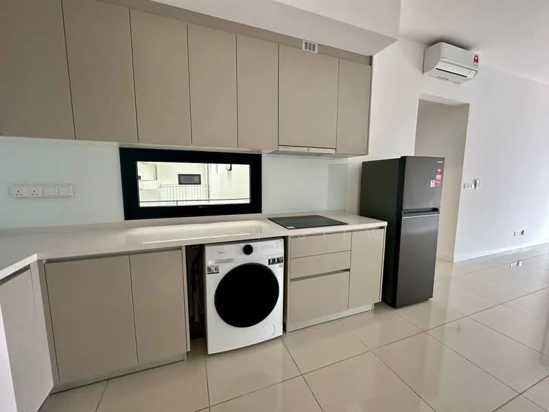 Kitchen features: light grey cabinetry, white countertop, built-in oven, stainless-steel fridge, front-load washing machine, ceramic tile flooring, recessed downlights, wall-mounted split AC, black framed mirror, kitchen island, cooktop; style: modern.