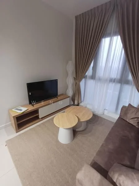 Living features: light brown fabric sofa, wooden coffee table with two circular tops, TV console with storage, wall-mounted TV, beige area rug, floor-to-ceiling windows, sheer curtains, decorative floor lamp, neutral painted walls, white tiled flooring; style: modern.
