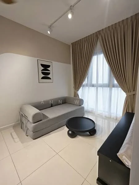 Living features: grey fabric sofa, round black coffee table, floor-to-ceiling windows, sheer curtains, cream painted walls, white tiled flooring, track lighting, framed artwork on wall; style: modern.