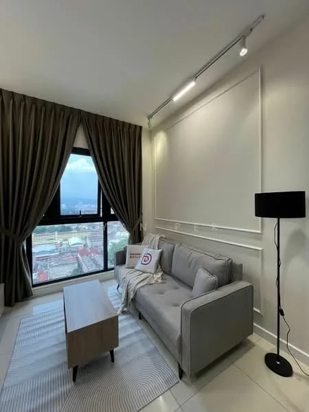 Living features: grey fabric sofa, wooden coffee table, floor-to-ceiling window, sheer curtains, black floor lamp, recessed lighting, white painted walls, tile flooring, decorative wall paneling, area rug with geometric pattern; style: modern; view: city.