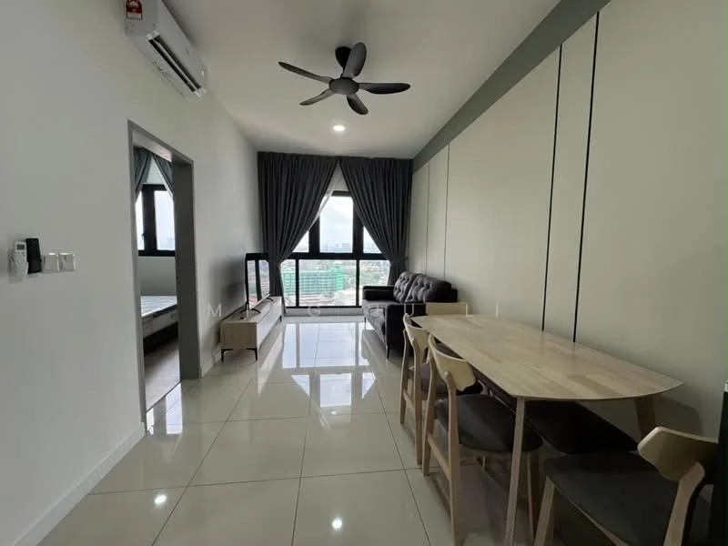 Living features: 5-blade ceiling fan with light, wall-mounted split AC, floor-to-ceiling windows, grey fabric sofa, coffee table, TV console, wall-mounted TV, dining table with 4 chairs, white painted walls, glossy tile flooring, curtains, decorative wall paneling; style: modern; view: city.