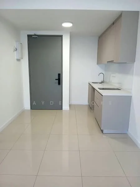 Kitchen features: grey cabinetry, single-bowl stainless-steel sink, chrome pull-down faucet, white walls, tile flooring, recessed downlights, flat-panel cabinet doors, countertop with overhang; style: modern. Room features: white walls, tile flooring, main entrance door.