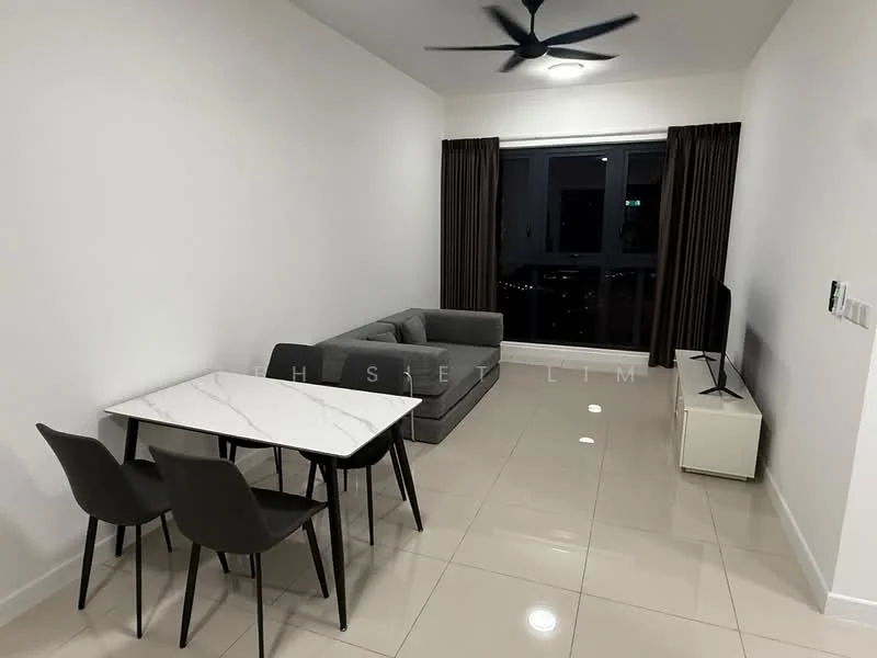 Living features: grey L-shape sectional sofa, marble-top dining table, 4 black dining chairs, wall-mounted TV, white TV console, floor-to-ceiling windows, dark brown curtains, recessed downlights, polished ceramic tile flooring, ceiling fan with light; style: modern; view: city.