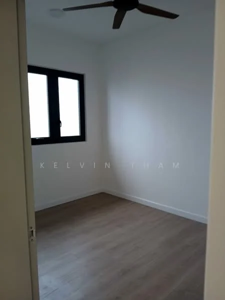 Room features: white painted walls, wooden flooring, ceiling fan, black framed window, natural light from window; style: modern.
