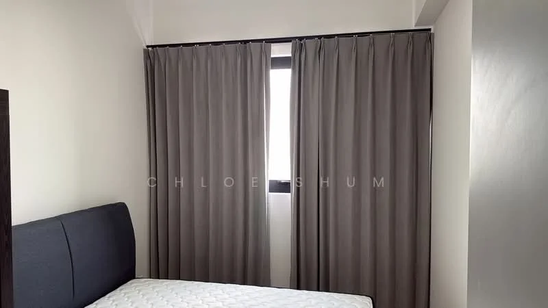 Room features: grey curtains, black upholstered headboard, white mattress, white bed linens, light grey painted walls, window with black frame.