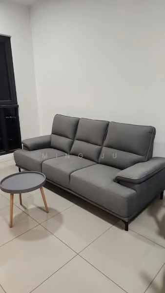 Living features: 3-seater fabric sofa in grey, round coffee table with wooden legs, white painted walls, tile flooring, floor-to-ceiling windows, curtains, minimalist decor; style: modern; view: city.