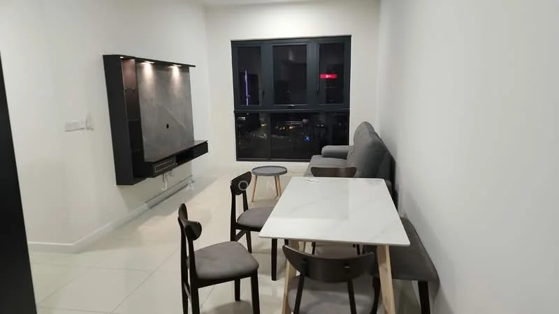 Dining features: white marble dining table, 6 dining chairs with grey upholstery, grey fabric sofa, wall-mounted TV unit with grey panel, floor-to-ceiling windows, light-colored tiled flooring, recessed downlights, neutral painted walls; style: modern; view: city.