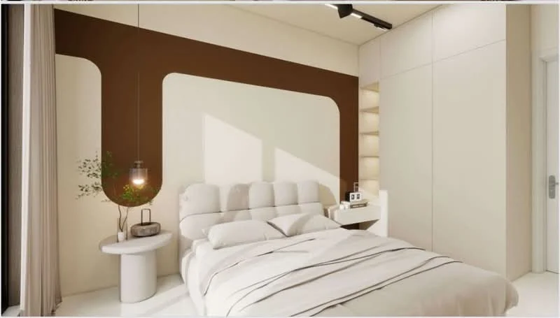 Bedroom features: queen-size bed with upholstered headboard, white bedding with horizontal stripes, nightstand with lamp, decorative plant on nightstand, built-in wardrobe with sliding doors, accent wall with brown paint, light-colored walls, recessed lighting, floor-to-ceiling window with sheer curtains; style: modern.