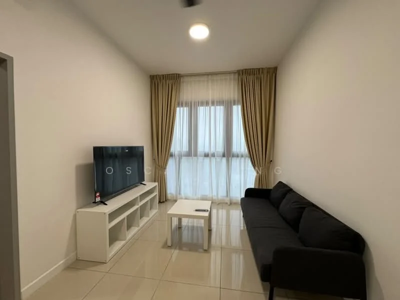 Living features: black fabric sofa, white coffee table, white TV console, wall-mounted TV, floor-to-ceiling windows, sheer curtains, recessed downlights, glossy tile flooring, neutral painted walls, ceiling fan; style: modern; view: city.