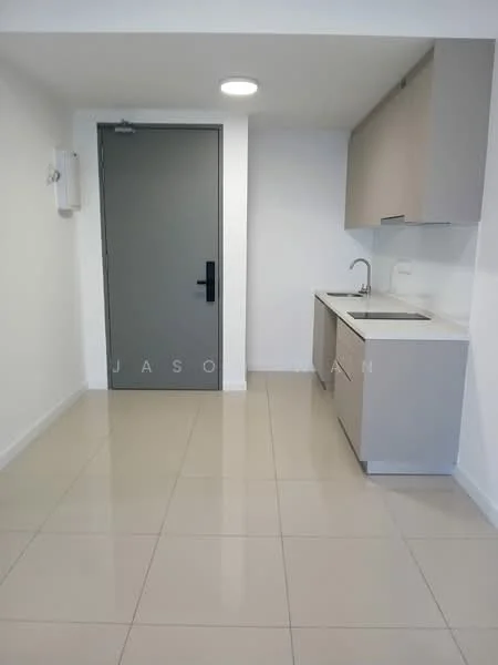 Kitchen features: grey cabinetry, single-bowl stainless-steel sink, chrome pull-down faucet, white walls, tile flooring, recessed downlights, door with black handle, countertop, wall-mounted electrical panel; style: modern.