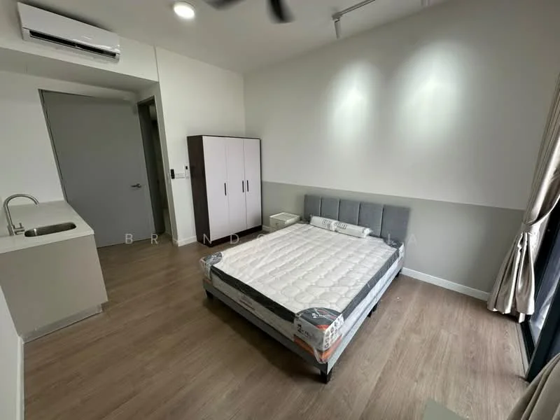 Bedroom features: queen-size bed, upholstered headboard, wooden flooring, wall-mounted split AC, built-in wardrobe with sliding doors, nightstand, large window with curtains, recessed ceiling lights; style: modern.