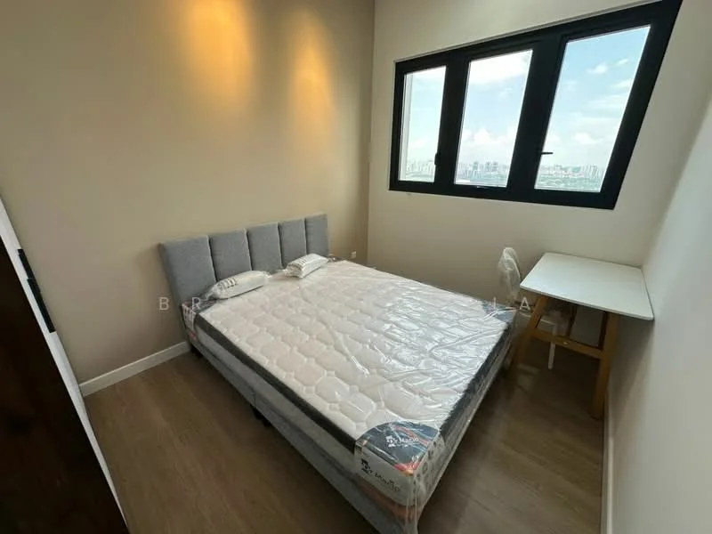 Bedroom features: queen-size bed, upholstered headboard, wooden bedside table, floor-to-ceiling windows, light grey painted walls, laminate flooring, recessed downlights, decorative wall sconces; style: modern; view: city.