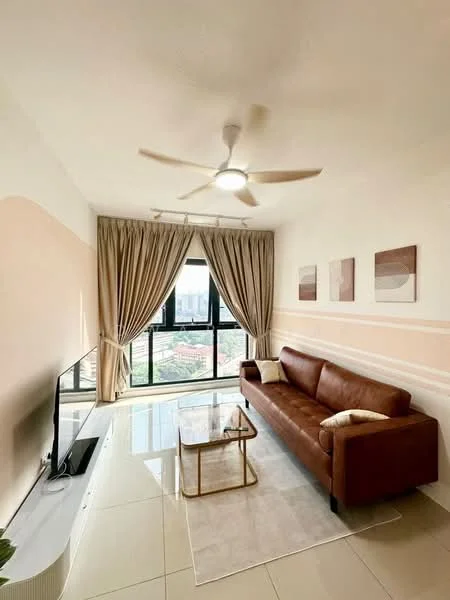 Living features: 3-seater leather sofa in brown, glass coffee table with gold frame, wall-mounted TV, floor-to-ceiling windows, sheer curtains, dropped ceiling with recessed lighting, ceiling fan with light, decorative wall art, light-colored area rug, white painted walls with pink accent, tile flooring; style: modern; view: city.