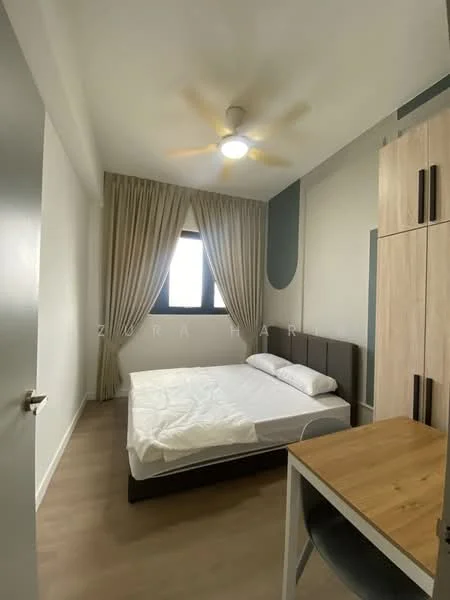 Bedroom features: queen-size bed with white bedding, upholstered headboard, wooden bedside table, study desk with wooden surface, ceiling fan with light, floor-to-ceiling window, curtains, light-colored laminate flooring, built-in wardrobe with wood finish, accent wall with blue paint; style: modern.