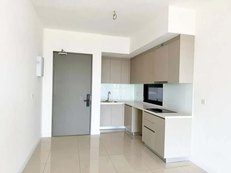 Kitchen features: light grey cabinetry, white countertop, single-bowl stainless-steel sink, chrome pull-down faucet, built-in microwave, built-in oven, 4-burner induction hob, white backsplash, tile flooring, recessed downlights, floor-to-ceiling windows, open layout; style: modern.