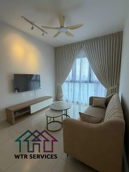 Living features: beige fabric sofa, round coffee table, wall-mounted TV, floor-to-ceiling windows, sheer curtains, 5-blade ceiling fan with light, light-colored walls, glossy tile flooring; style: modern; view: city.