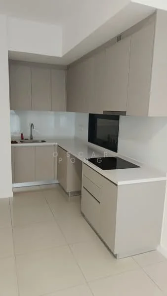 Kitchen features: light grey cabinetry, white quartz countertop, single-bowl stainless-steel sink, chrome pull-down faucet, built-in oven, ceramic tile flooring, white tiled backsplash, recessed downlights; style: modern.