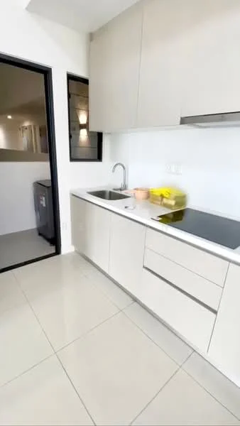Kitchen features: white cabinetry, single-bowl stainless-steel sink, chrome pull-down faucet, white quartz countertop, built-in induction hob, ceramic tile backsplash, refrigerator, under-cabinet lighting, wall-mounted cabinets, floor-to-ceiling windows, light-colored tile flooring; style: modern.