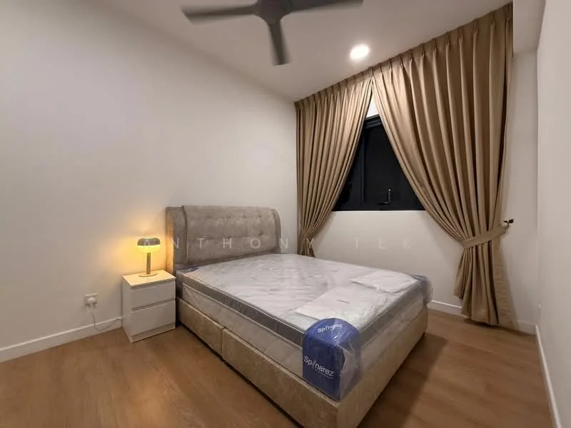 Bedroom features: queen-size bed, upholstered headboard, bedside lamp, nightstand, floor-to-ceiling window, curtains, wooden flooring, ceiling fan; style: modern.
