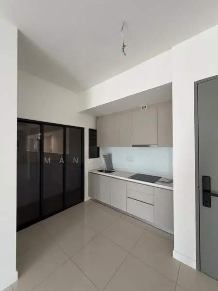 Kitchen features: light grey cabinetry, white countertop, built-in stove, built-in oven, black glass sliding door, white backsplash, single-bowl stainless-steel sink, chrome pull-down faucet, tile flooring, recessed downlights, wall-mounted cabinet, open shelving, window for natural light; style: modern.