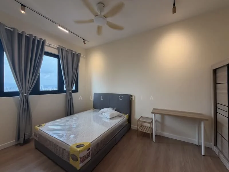 Bedroom features: queen-size bed, upholstered headboard, wooden bedside table, ceiling fan with light, floor-to-ceiling windows, grey curtains, light wood flooring, neutral painted walls; style: modern; view: city.