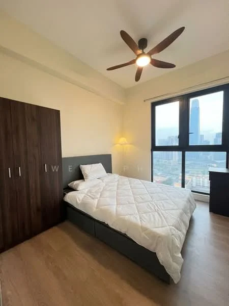 Bedroom features: king-size bed with white bedding, wooden wardrobe, 5-blade ceiling fan with light, floor-to-ceiling windows, city skyline view, laminate flooring, wall-mounted light fixture, neutral painted walls; style: modern; view: city.