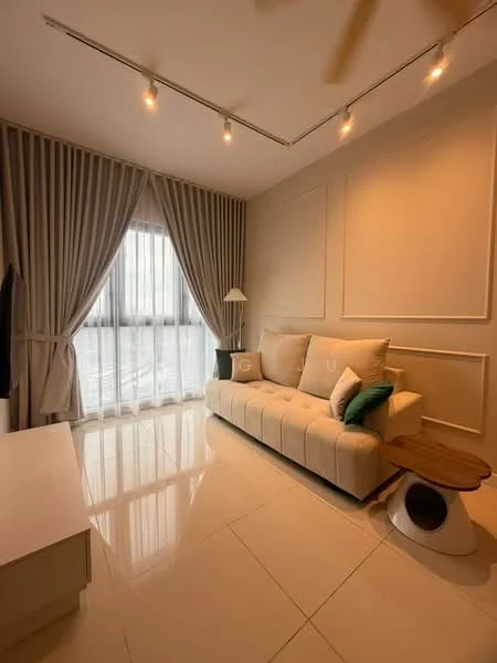Living features: cream fabric sofa, wooden side table, white TV console, floor-to-ceiling windows, sheer curtains, recessed ceiling lights, polished ceramic tile flooring, decorative wall paneling, table lamp; style: modern; view: city.