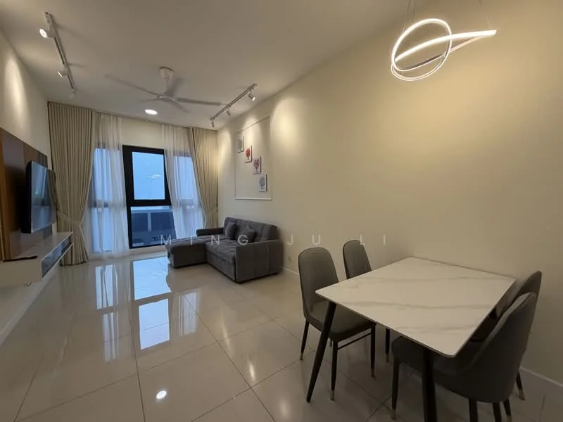 Living features: grey fabric sectional sofa, marble dining table, 4 upholstered dining chairs, wall-mounted TV, white painted walls, recessed downlights, floor-to-ceiling windows with sheer curtains, polished ceramic tile flooring, ceiling fan with light, decorative wall art; style: modern; view: city.