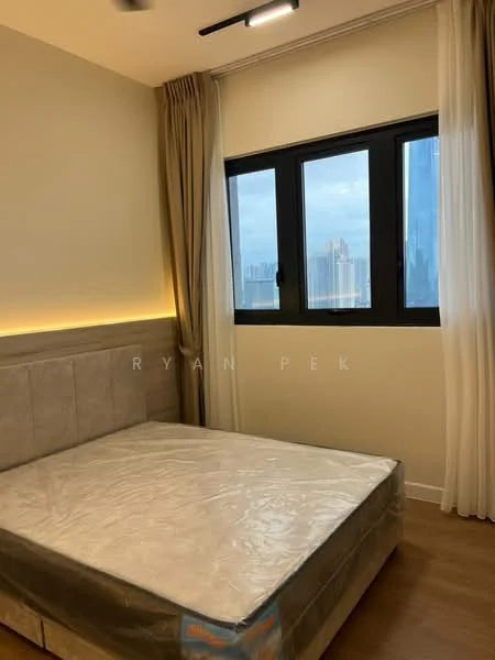 Bedroom features: queen-size bed, upholstered headboard, floor-to-ceiling window, blackout curtains, wooden flooring, recessed downlights, decorative wall lighting, neutral painted walls; style: modern; view: city.