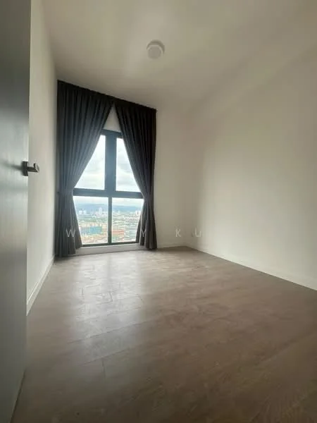 Room features: floor-to-ceiling window, blackout curtains, white painted walls, laminate flooring, ceiling light fixture; style: modern; view: city.