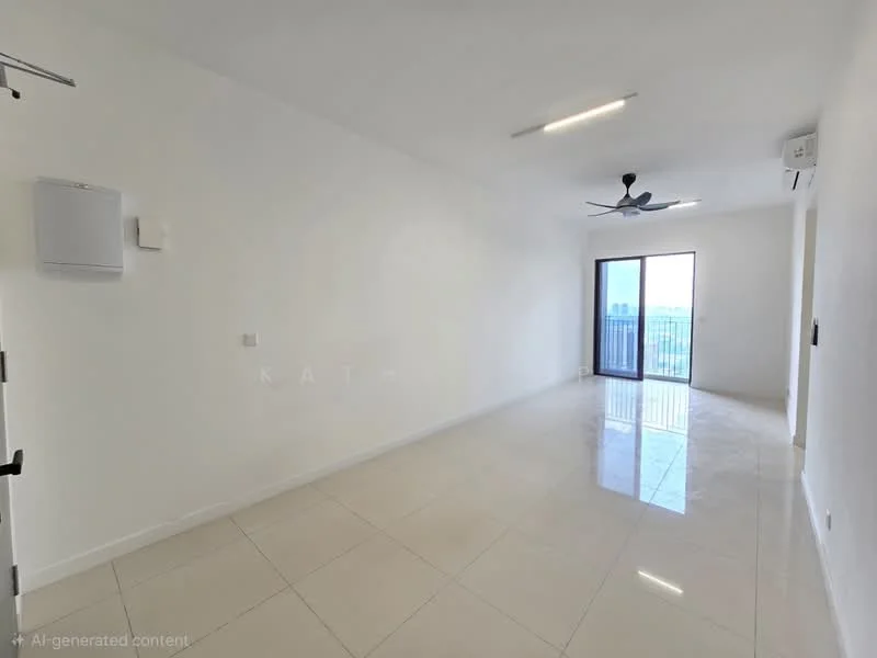 Living features: white painted walls, polished ceramic tile flooring, 5-blade ceiling fan, 1 wall-mounted split AC, floor-to-ceiling windows, sliding glass door, balcony access, natural light; style: modern; view: city.