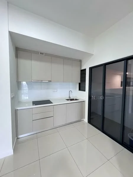 Kitchen features: light grey cabinetry, white countertop, single-bowl stainless-steel sink, chrome pull-down faucet, built-in induction cooktop, glass panel partition, white tiled backsplash, large window, ceramic tile flooring, recessed downlights; style: modern.