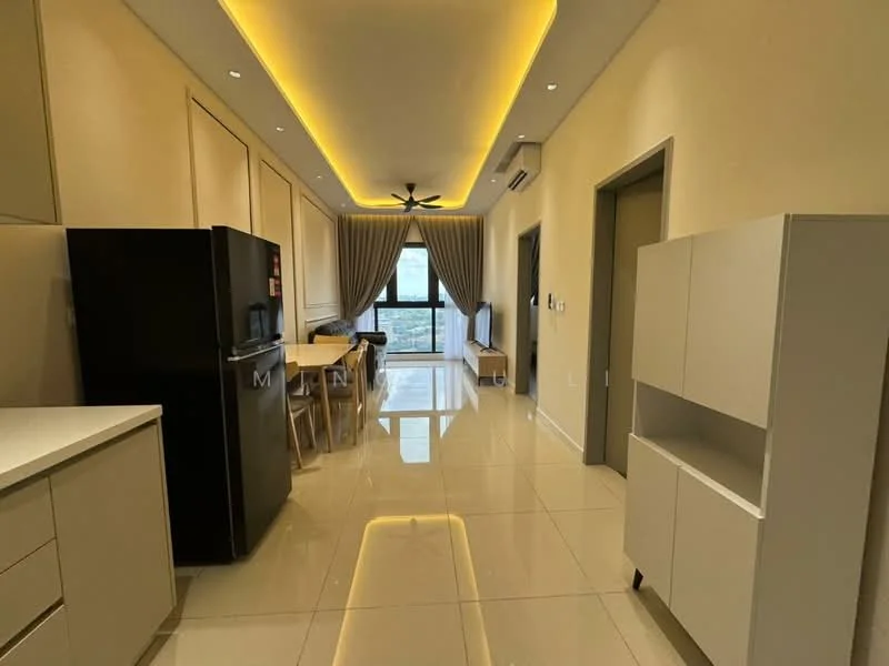 Kitchen features: white cabinetry, black refrigerator, white countertop, stainless-steel sink, chrome pull-down faucet, pendant lighting, recessed LED downlights, ceramic tile flooring, open layout to dining area, floor-to-ceiling window, curtains, ceiling fan; style: modern; view: garden.