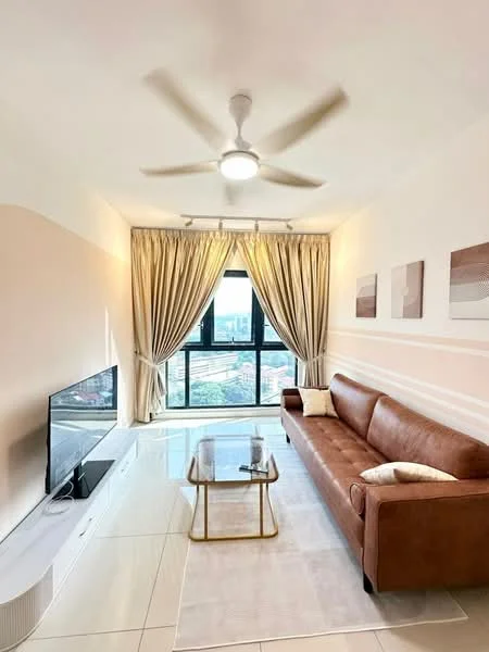 Living features: 3-seater leather sofa in brown, glass coffee table with gold frame, wall-mounted TV, floor-to-ceiling windows, sheer curtains, recessed downlights, ceiling fan, white tiled flooring, decorative wall art, area rug; style: modern; view: city.