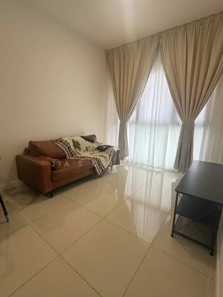 Living features: beige fabric sofa, decorative throw blanket, black metal coffee table, white painted walls, glossy tile flooring, floor-to-ceiling windows, sheer curtains, heavy drapes; style: modern.
