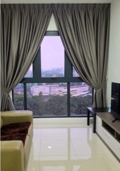 Living features: floor-to-ceiling windows, grey curtains, cream leather sofa, wooden TV console, wall-mounted TV, glossy tile flooring, decorative throw, city view; style: modern; view: city.