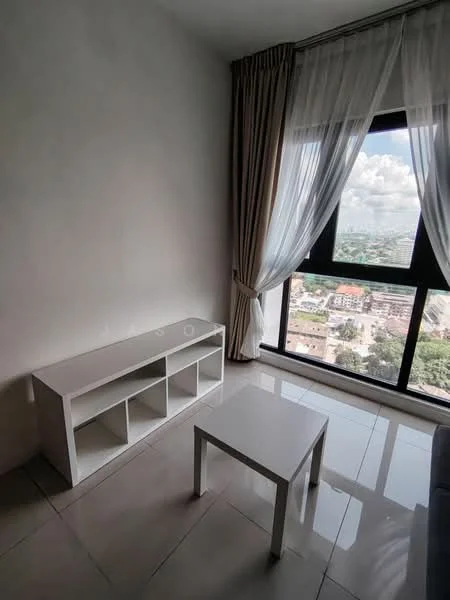 Living features: white painted walls, glossy tile flooring, floor-to-ceiling windows, sheer curtains, white coffee table, white TV console, city view; style: modern; view: city.