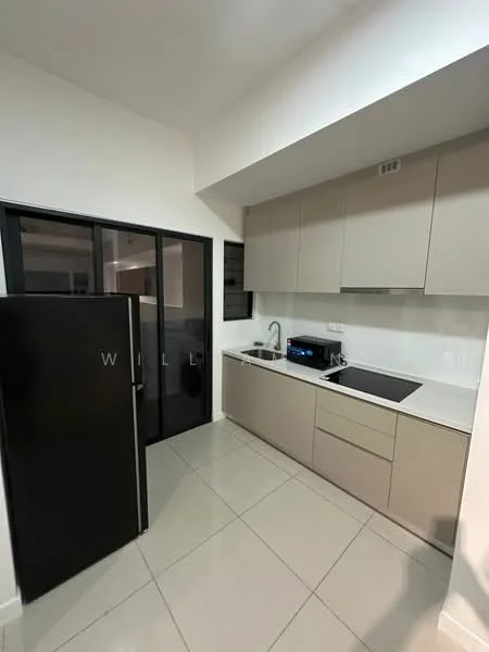 Kitchen features: black fridge, single-bowl stainless-steel sink, chrome pull-down faucet, white quartz countertop, beige flat-panel cabinets, built-in microwave, ceramic tile flooring, wall-mounted window, black sliding glass door; style: modern.