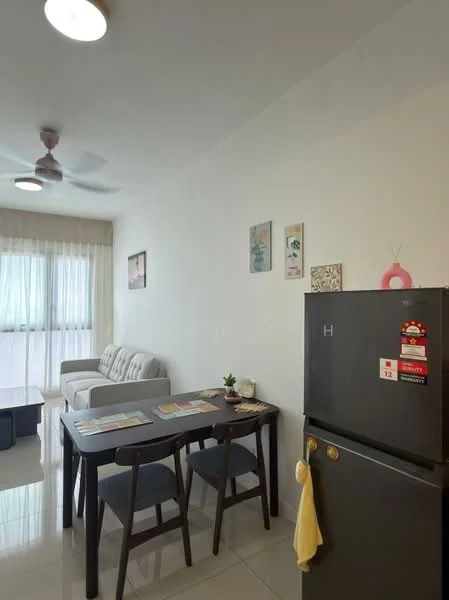 Dining features: 4-seater dining table, grey upholstered dining chairs, refrigerator, sofa in light grey fabric, ceiling fan with 3 blades, floor-to-ceiling windows, sheer curtains, white painted walls, glossy tile flooring, decorative wall art; style: modern.