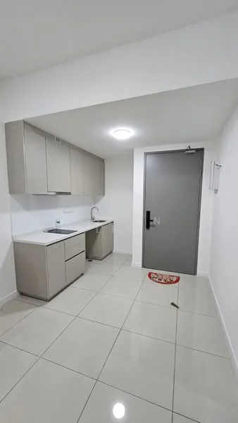 Kitchen features: light grey cabinetry, white countertop, single-bowl stainless-steel sink, chrome pull-down faucet, built-in oven, ceramic tile flooring, recessed ceiling lights, wall-mounted intercom, door with handle, white painted walls; style: modern.