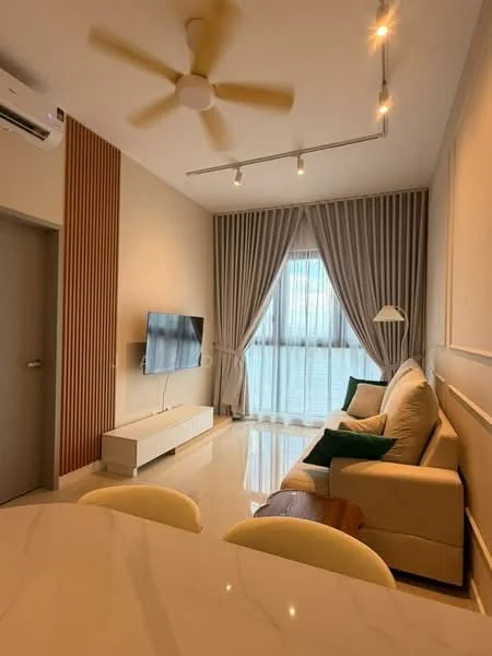 Living features: 3-seater fabric sofa in cream, green accent cushions, wooden coffee table, TV console in white, wall-mounted TV, floor-to-ceiling windows, sheer curtains, grey curtains, ceiling fan with light, recessed downlights, marble flooring, wood panel accent wall; style: modern; view: city.