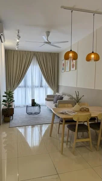 Living features: cream painted walls, white ceiling, 5-blade ceiling fan with light, floor-to-ceiling windows, sheer curtains, light grey sofa, decorative cushions, coffee table, area rug with geometric pattern, dining table with 4 chairs, indoor plant in ceramic pot, pendant lights, wooden flooring, wall art with abstract design; style: modern; view: city.