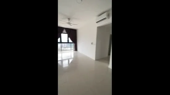 Living features: large floor-to-ceiling windows, sliding glass door, dark curtains, 5-blade ceiling fan, recessed downlights, cream tiled flooring, white painted walls, open layout, view of city skyline; style: modern; view: city.