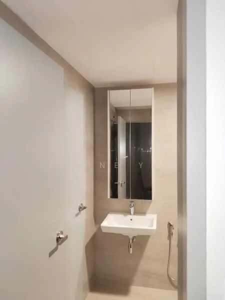 Bathroom features: light beige tiled walls, light beige tiled flooring, wall-mounted sink, chrome faucet, framed mirror, shower hose, sliding door, recessed lighting; style: modern.